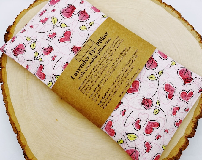 Handmade Lavender Eye Pillow: Rose Heart Print, Washable Cover