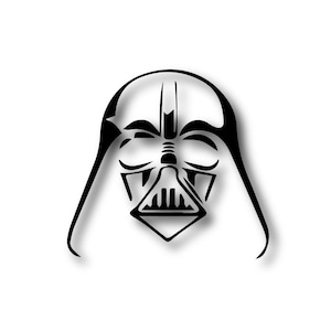 May include: Black and white illustration of Darth Vader's helmet.