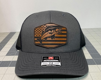 Walleye Flag leather Patch Hat, Richardson hat