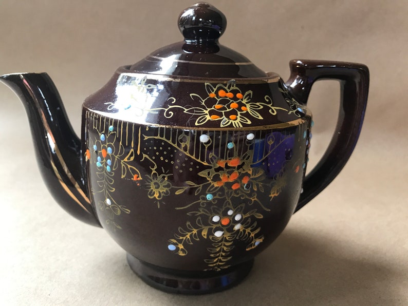 Vintage Brown Betty Moriage Teapot Redware Japan Etsy