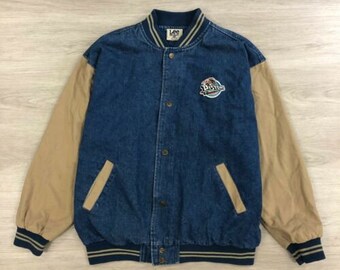 Cotton-Washed Vintage Denim Varsity Jacket with Khaki Sleeves