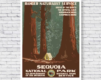 1938 Sequoia National Park Vintage Poster, National Park Service Posters Prints American Sierra Nevada California Giant Tree Wall Art Decor