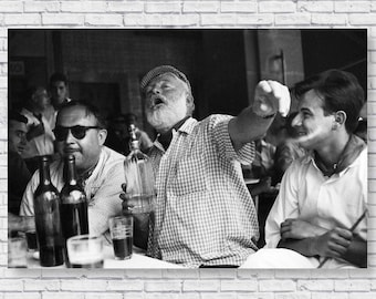 Ernest Hemingway Drinking with Friends at a Bar in Havana Cuba 1959, Black and White Photo Picture Poster Print, Alcohol Liquor Art