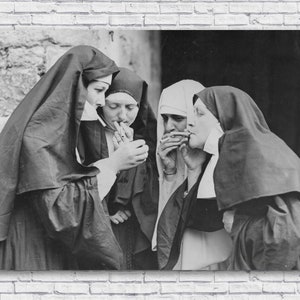 Smoking Nuns Poster, Vintage Large Photo Print, Female Women Funny Humor Odd Cigarette Bar Wall Art Man Cave strange weird odd old picture image 1