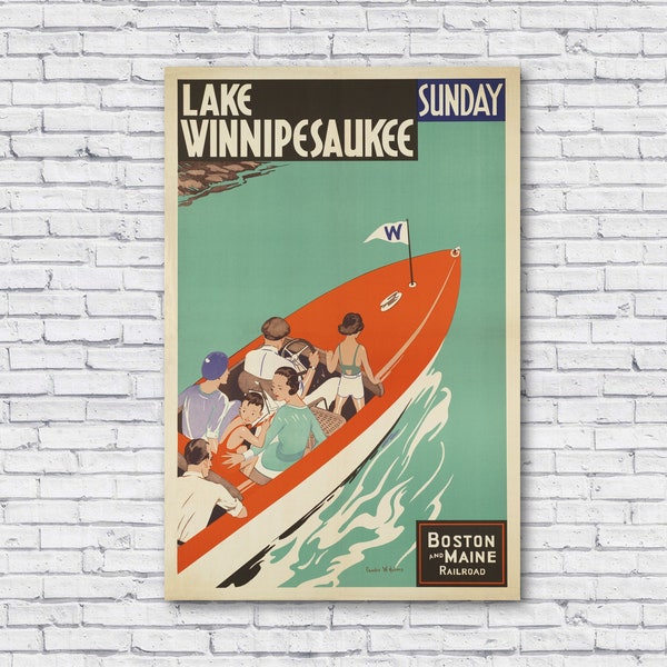 Vintage 1950s Lake Winnipesaukee Travel Poster, Boston and Maine Railroad, Sunday, New Hampshire NH, Boating, House Wall Art Decor Print