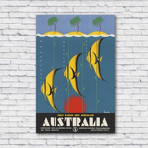 Póster vintage de Australia de la década de 1930, Gran Barrera de Coral, Queensland. Póster decorativo retro australiano para pared, impresión en lienzo, playa, costa oceánica.