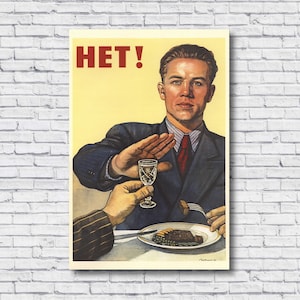 Könnte beinhalten: Vintage-Poster mit dem Wort "HET!" in Rot. Ein Mann im Anzug und Krawatte verweigert einen Schnaps. Eine Hand bietet das Glas an, während eine andere einen Teller mit Essen hält. Der Poster hat einen Retro-Stil.