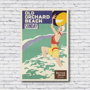 Manifesto di viaggio vintage degli anni '50 Old Orchard Beach, Boston and Mainroad, domenica, nuoto, stampa artistica da parete per casa sulla spiaggia
