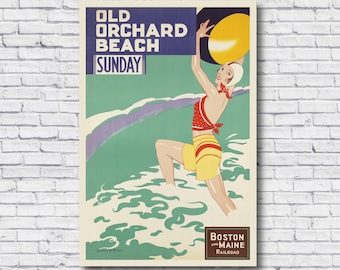 Manifesto di viaggio vintage degli anni '50 di Old Orchard Beach, ferrovia Boston-Maine, domenica, nuoto, stampa artistica da parete con casa sulla spiaggia