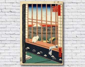窓辺の猫、1857年日本のポスター版画、広重、浮世絵、浅草の田んぼと酉