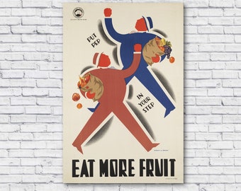 Vintage Eat More Fruit, Put Pep in Your Step Poster, Victorian Railways Australia Travel Poster, Healthy Eating Food Schools Nutrition Print