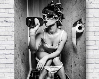 Bathroom Drink Poster, Black and White Bathroom Wall Art Funny Woman Drinking on the Toilet Humor Restroom Photo Print unique vintage modern
