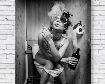 Bathroom Smoke Poster, Black and White Bathroom Wall Art, Funny Woman Smoking on the Toilet Humor Restroom Photo Print unique vintage modern