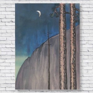 Vintage 1930 Evening Moon at Yosemite Poster, Chiura Obata Prints, Japanese Woodblock Paintings, Japan Wall Art Home Decor
