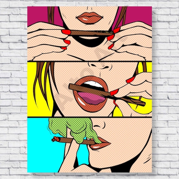 Roll Lick Smoke Blunt Poster, Comic Pop Art Style, Marijuana Weed Smoking Stoner, Vintage Retro Wall Art Decor Print, Rolled Canvas Decal