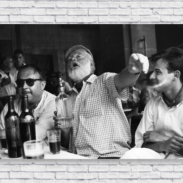 Ernest Hemingway Drinking with Friends at a Bar in Havana Cuba 1959, Black and White Photo Picture Poster Print, Alcohol Liquor Art