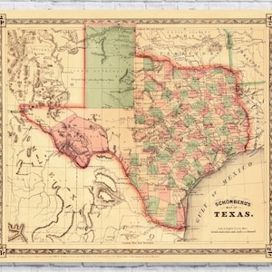 1866 Schönberg&#39;s Map of Texas Poster Print,  Early Vintage Texas Map Texan Wall Art Home House Decor Historic Antique Retro Old Classic