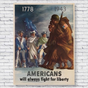 Americans Will Always Fight For Liberty Vintage WWII Poster, World War 2 Propaganda Poster USA United States of America Army Wall Art Decor