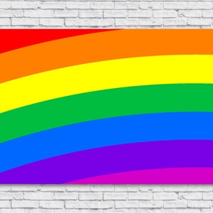 May include: A rainbow flag with six horizontal stripes in the colors red, orange, yellow, green, blue, and purple. The stripes are curved, creating a wave-like effect.