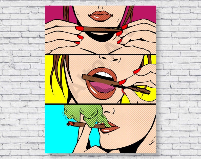 Roll Lick Smoke Blunt Poster, Comic Pop Art Style, Marijuana Weed Smoking Stoner, Vintage Retro Wall Art Decor Print, Rolled Canvas Decal image 1