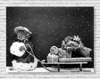 Santa Cat Vintage Photo Poster Print, Christmas Kitten Holiday Decoration Wall Art Home House Decor Gift Theme Black and White Picture Idea