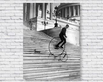 Vintage Biking Down Stairs Photo Poster Print, Pennyfarthing Mountain Bike Bicycle US Capitol Washington DC Picture Wall Art Home Shop Decor