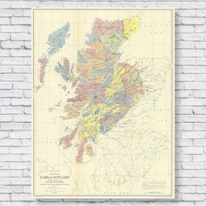 Impression d'affiche de carte des clans d'Ecosse de 1899, noms de famille du patrimoine ancien historique écossais, carte des clans d'Ecosse, toile Art déco murale