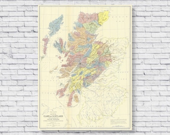 1899 Clans of Scotland Map Poster Print, Historical Old Scottish Heritage Surnames Last Names, Clan Map of Scotland, Wall Art Decor Canvas