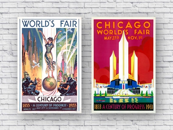 Chicago World's Poster Print Set of 2, Century Progress Vintage