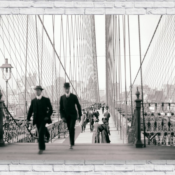 Vintage Brooklyn Bridge Walkway Poster Print, NYC NY New York City Promenade Black and White Photo Picture Wall Art Home House Decor Style