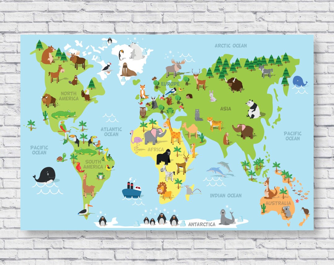 Kids Room Animal World Map Poster Print, Wall Art Classroom Nursery ...