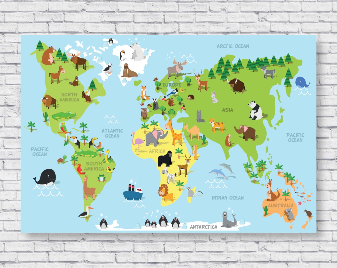 Kids Room Animal World Map Poster Print, Wall Art Classroom Nursery ...