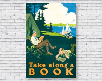 1910 Take Along a Book Poster, Vintage Read Posters, Read Posters for Classroom, Educational Student Library, Wall Art Print