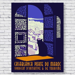 Vintage Casablanca Porte Du Maroc Travel Poster, Cat in Window, Retro Old Antique Morroco Morrocan Vintage Travel Poster Wall Art Home Decor
