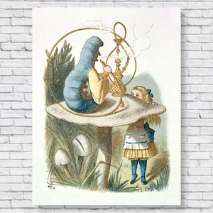 1865 Alice in Wonderland Smoking Caterpillar Poster Print, Vintage Smoke Stoner Decor Wall Art Retro Old Hookah Absolem The Blue Caterpillar