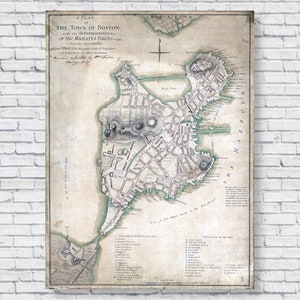 1775 Boston Map Poster Print, Mappa della città vecchia d'epoca Massachusetts Bay Rivoluzionario Coloniale Retro Antico Arte murale Casa Decorazione della casa 1700