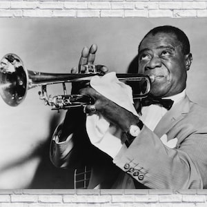 Louis Armstrong Photo Poster Print, Playing Trumpet Jazz Music Wall Art Home House Decor Black and White Retro Vintage Musician Gift Idea