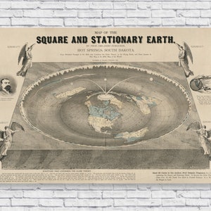 1893 platte aarde kaart poster print, vierkante en stationaire aarde, Orlando Ferguson, vintage grappige muur kunst huis huis decor wereld samenleving model