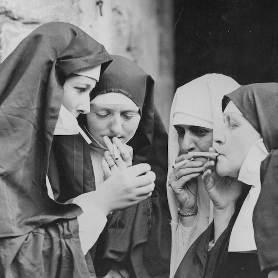 Smoking Nuns Poster, Vintage Large Photo Print, Female Women Funny Humor  Odd Cigarette Bar Wall Art Man Cave strange weird odd old picture