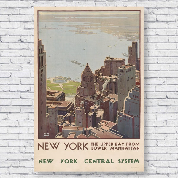 NYC Manhattan Upper Bay Vintage Travel Poster Print, New York City Wall Art Home Decor Leslie Ragan 1920 Antique Retro NY Skyline Posters