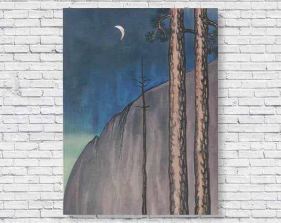 Vintage 1930 Evening Moon at Yosemite Poster, Chiura Obata Prints, Japanese Woodblock Paintings, Japan Wall Art Home Decor