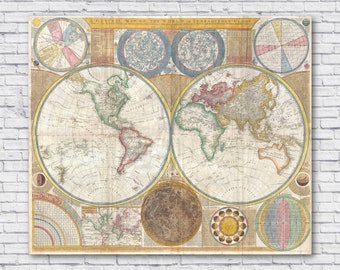 Large 1794 World Map, Samuel Dunn, A General Map of the World, Vintage World Map, Old World Map, Early World Map, Ancient, 1700s Poster Art