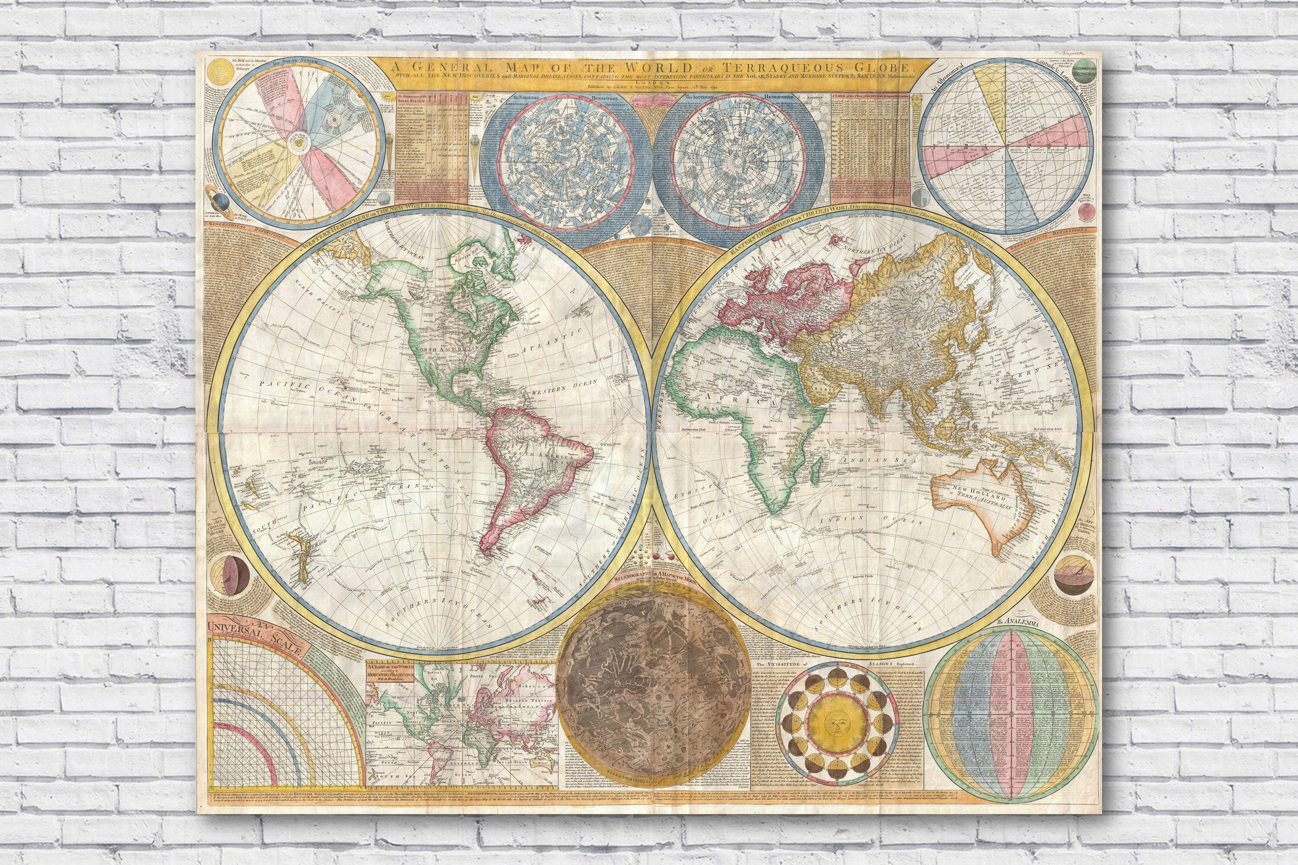 1794年版大型世界地図、サミュエル・ダン作、世界地図、ヴィンテージ
