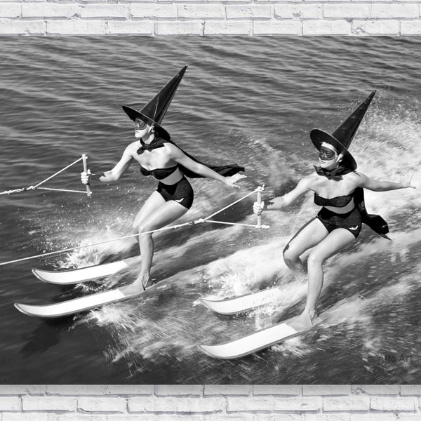 Witches Water Skiing Poster Print, Vintage Spooky Beach Photo Black and White Style Wall Art Home House Decor Party Theme Decoration Holiday