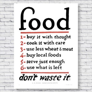 Food Buy It With Thought Vintage 1917 Poster, Cook it With Care Use less Wheat and Meat Buy Local Foods Wall Art Print World War 1, WWI WW1