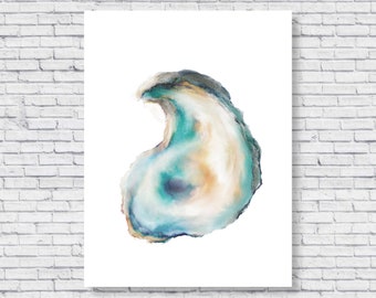 Oyster Watercolor Painting Poster Print, Oyster Shell Beach House Decor Home Wall Art Canvas Coastal Kitchen Seafood Restaurant Bar Modern