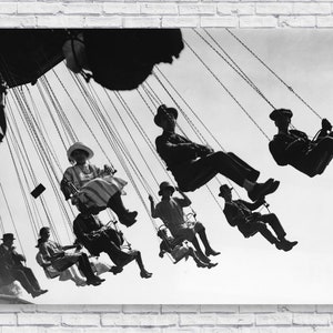 Vintage Amusement Park Photo Poster Print, Sky Chair Swing Ride Fun Retro Summer Home House Wall Decor Black and White Picture Theme Park
