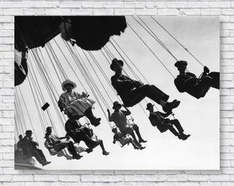 Vintage Amusement Park Photo Poster Print, Sky Chair Swing Ride Fun Retro Summer Home House Wall Decor Black and White Picture Theme Park