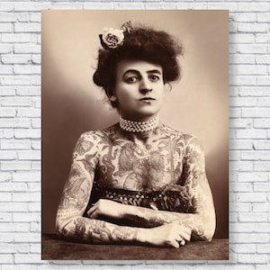 Tattoo Artist Maud Wagner 1907 Photo Print, First Female Tattooer, Vintage Tattooed Women, Black and White Poster Picture Wall Art Decor