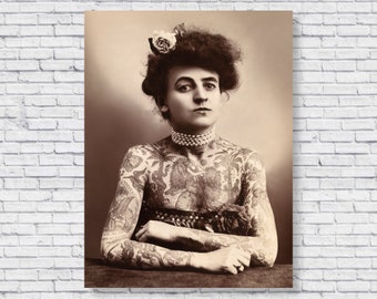 Tattoo Artist Maud Wagner 1907 Photo Print, First Female Tattooer, Vintage Tattooed Women, Black and White Poster Picture Wall Art Decor